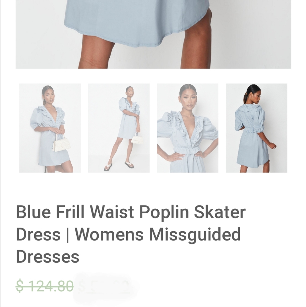 Missguided Poplin Frill Waist Skater Dress SS Linen Look Blue V-neck Puff Sleeve - Picture 4 of 10
